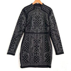 Va Va Voom Dress Womens L Black Studded Long Sleeve Quilted Bodycon